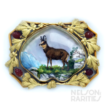 Reverse Crystal Intaglio of a Stag,  Carved Carnelian and Gold Buckle/Brooch