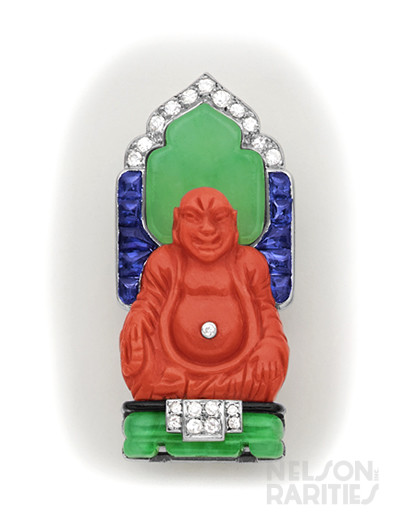 Coral, Fine Jade, Buff-Cut Sapphire, Diamond, Enamel and Platinum Buddha Brooch