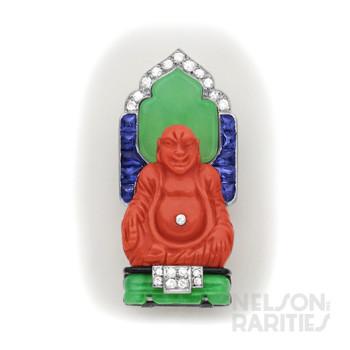 Coral, Fine Jade, Buff-Cut Sapphire, Diamond, Enamel and Platinum Buddha Brooch