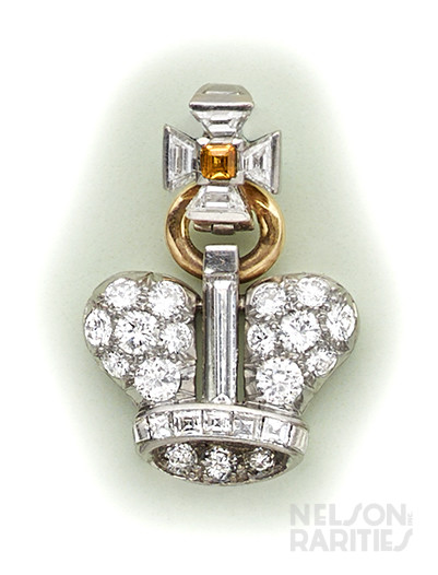 Cognac Diamond, Fancy-Cut Diamond, Baguette-Cut Diamond, Diamond, Gold and Platinum Crown Pendant