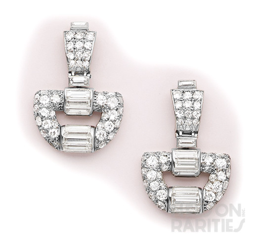 Baguette-Cut Diamond, Diamond and Platinum Earrings