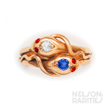 Sapphire Diamond and Gold Snake Bypass Ring