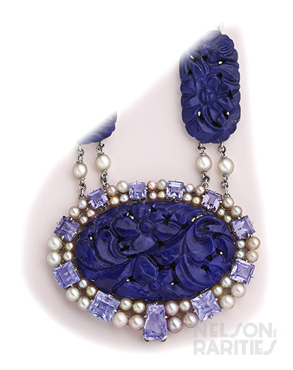 Carved Lapis Lazuli, Square-Cut Sapphire, Fancy Cut Sapphire, Pearl and Platinum Necklace