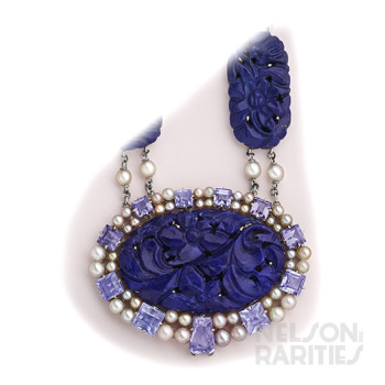 Carved Lapis Lazuli, Square-Cut Sapphire, Fancy Cut Sapphire, Pearl and Platinum Necklace