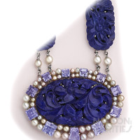 Carved Lapis Lazuli, Square-Cut Sapphire, Fancy Cut Sapphire, Pearl and Platinum Necklace