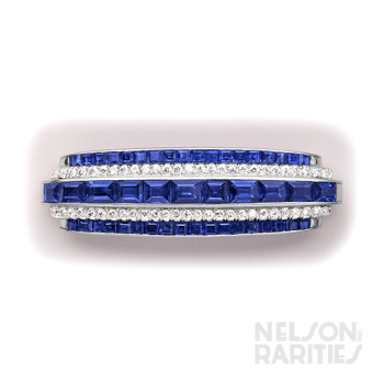 Square-Cut Sapphire, Diamond and Platinum Brooch