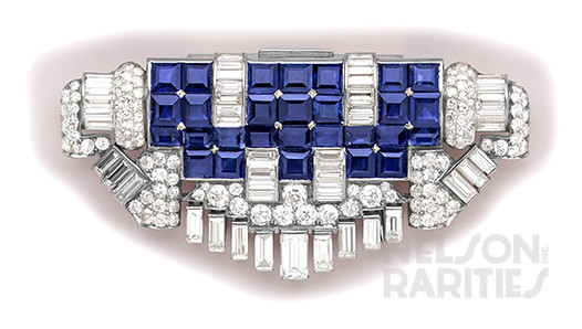 Peg-Set Square-Cut Sapphire, Baguette-Cut Diamond, Diamond and Platinum Clip Brooch