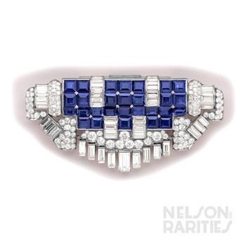 Peg-Set Square-Cut Sapphire, Baguette-Cut Diamond, Diamond and Platinum Clip Brooch