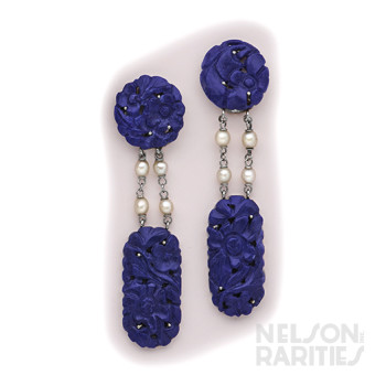 Carved Lapis Lazuli, Pearl and Platinum Drop Earrings
