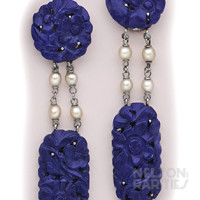 Carved Lapis Lazuli, Pearl and Platinum Drop Earrings