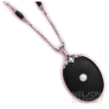 Onyx, Natural Pearl, Diamond and Platinum Locket and Necklace