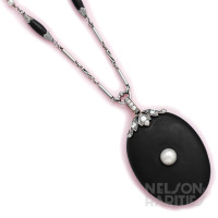 Onyx, Natural Pearl, Diamond and Platinum Locket and Necklace