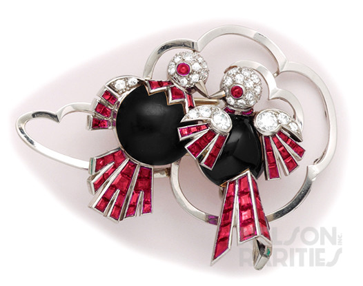 Calibré Burma Ruby, Diamond, Enamel, Gold and Platinum Love Birds Brooch