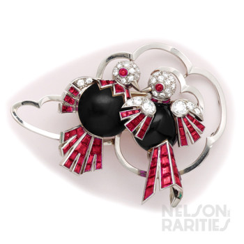 Calibré Burma Ruby, Diamond, Enamel, Gold and Platinum Love Birds Brooch