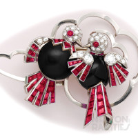 Calibré Burma Ruby, Diamond, Enamel, Gold and Platinum Love Birds Brooch