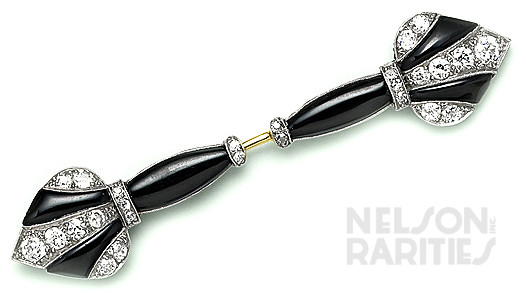 Onyx, Diamond and Platinum Jabot Brooch. French