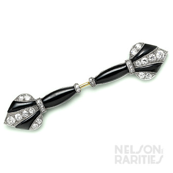 Onyx, Diamond and Platinum Jabot Brooch. French