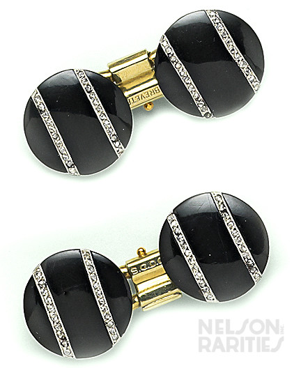 Onyx, Diamond, Gold and Platinum Cufflinks. French