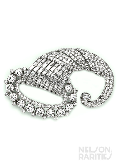 Channel Set Baguette Diamond, Pavé Diamond, Diamond and Platinum Cornucopia Brooch