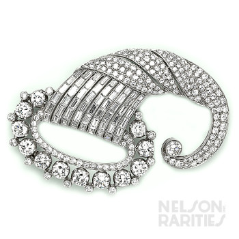 Channel Set Baguette Diamond, Pavé Diamond, Diamond and Platinum Cornucopia Brooch