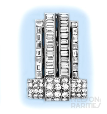 Channel Set Baguette Diamond, Pavé Diamond  and "Skyscraper" Platinum Clip Brooch