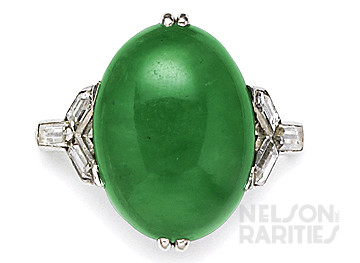 Cabochon-Cut Jadeite, Bullet-Cut Diamond, Baguette Diamond and Platinum Ring