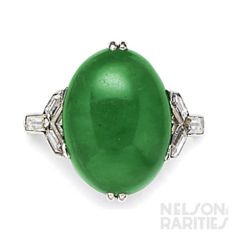 Cabochon-Cut Jadeite, Bullet-Cut Diamond, Baguette Diamond and Platinum Ring