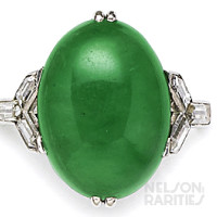 Cabochon-Cut Jadeite, Bullet-Cut Diamond, Baguette Diamond and Platinum Ring