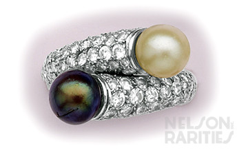 Black and White Pearl, Pavé Diamond and Platinum Bypass Ring