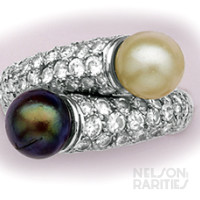 Black and White Pearl, Pavé Diamond and Platinum Bypass Ring