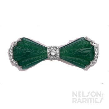 Carved Chalcedony, Diamond and Platinum Bow Brooch