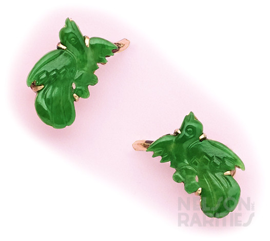 Fine Carved Jade Birds and Gold Earrings