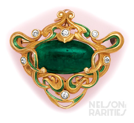 Cabochon Emerald, Diamond, Enamel and  Gold Pendant/Brooch