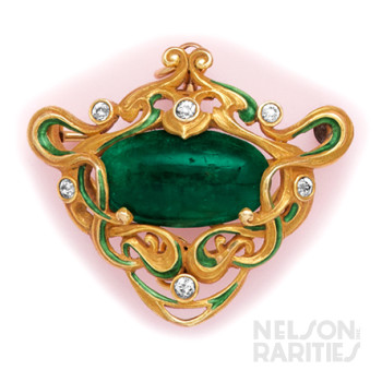 Cabochon Emerald, Diamond, Enamel and  Gold Pendant/Brooch