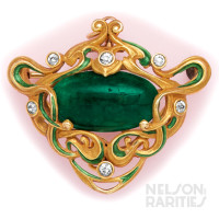 Cabochon Emerald, Diamond, Enamel and  Gold Pendant/Brooch