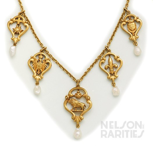 Pearl and Carved Gold Heraldic Necklace