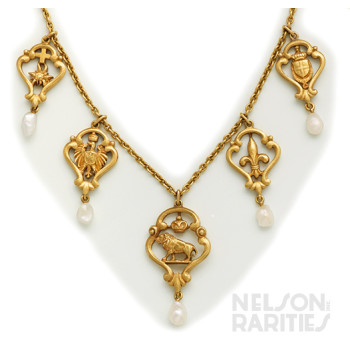 Pearl and Carved Gold Heraldic Necklace