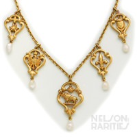 Pearl and Carved Gold Heraldic Necklace
