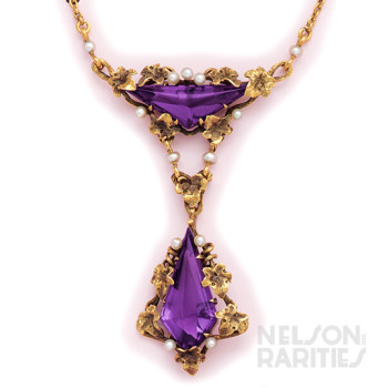 Fancy Buff-Cut Amethyst, Natural Pearl and Gold Necklace