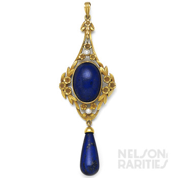 Lapis Lazuli, Natural Pearl, and Gold Pendant