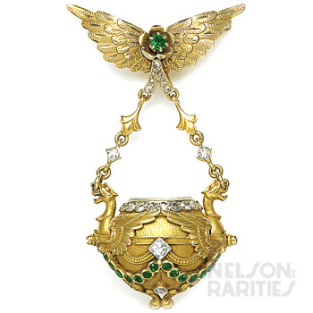Emerald, Diamond, Gold Pendant Ball Watch and Brooch