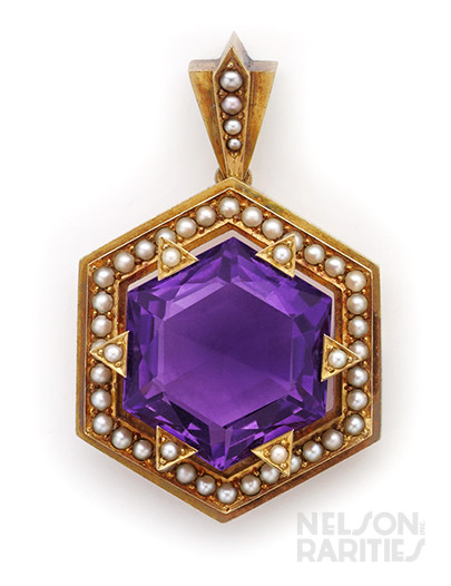 Hexagonal Amethyst, Gold and Pearl Pendant