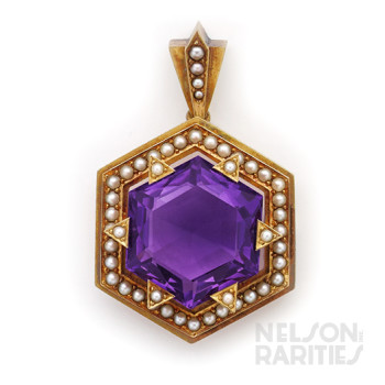 Hexagonal Amethyst, Gold and Pearl Pendant