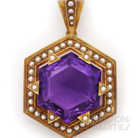 Hexagonal Amethyst, Gold and Pearl Pendant