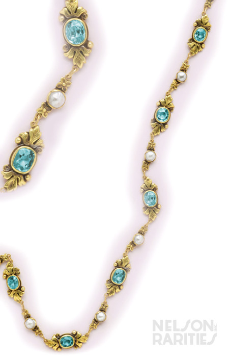 Zircon, Natural Pearl, and Gold Arts and Crafts  Necklace