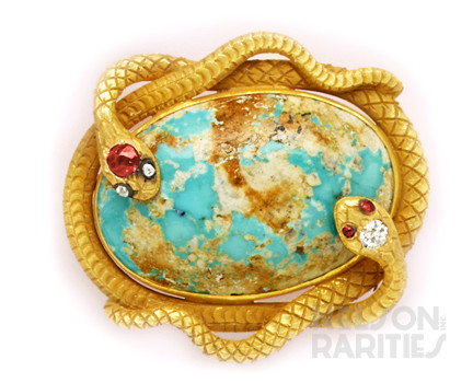 Turquoise, Ruby, Diamond, and Carved Gold  Double Snake Brooch