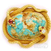 Turquoise, Ruby, Diamond, and Carved Gold  Double Snake Brooch