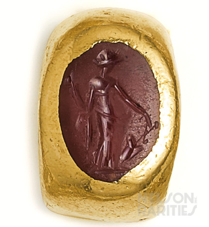 Carved Agate Intaglio of Circe, Goddess of Fertility and Crops, and Gold Ring