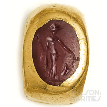 Carved Agate Intaglio of Circe, Goddess of Fertility and Crops, and Gold Ring