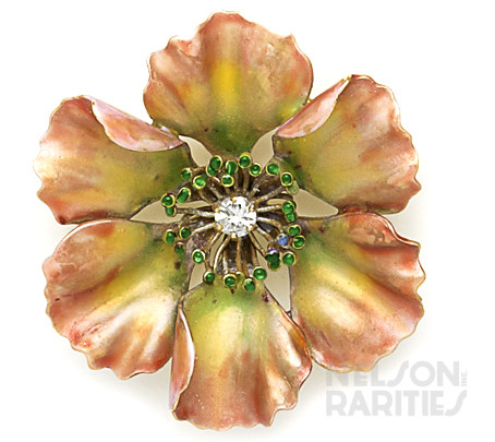 Diamond, Enamel and Gold Flower Brooch